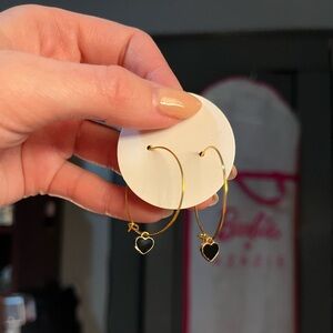 Gold Hoop Earrings with Black Heart Charm - Women Jewelry